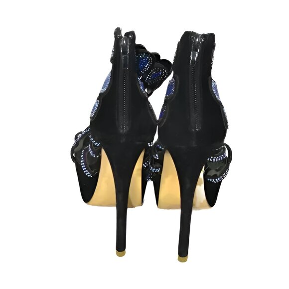 Black Velvet Blue Sequin Jewel Crystal Stiletto Christmas Holiday Party Heels 6 - Picture 6 of 10
